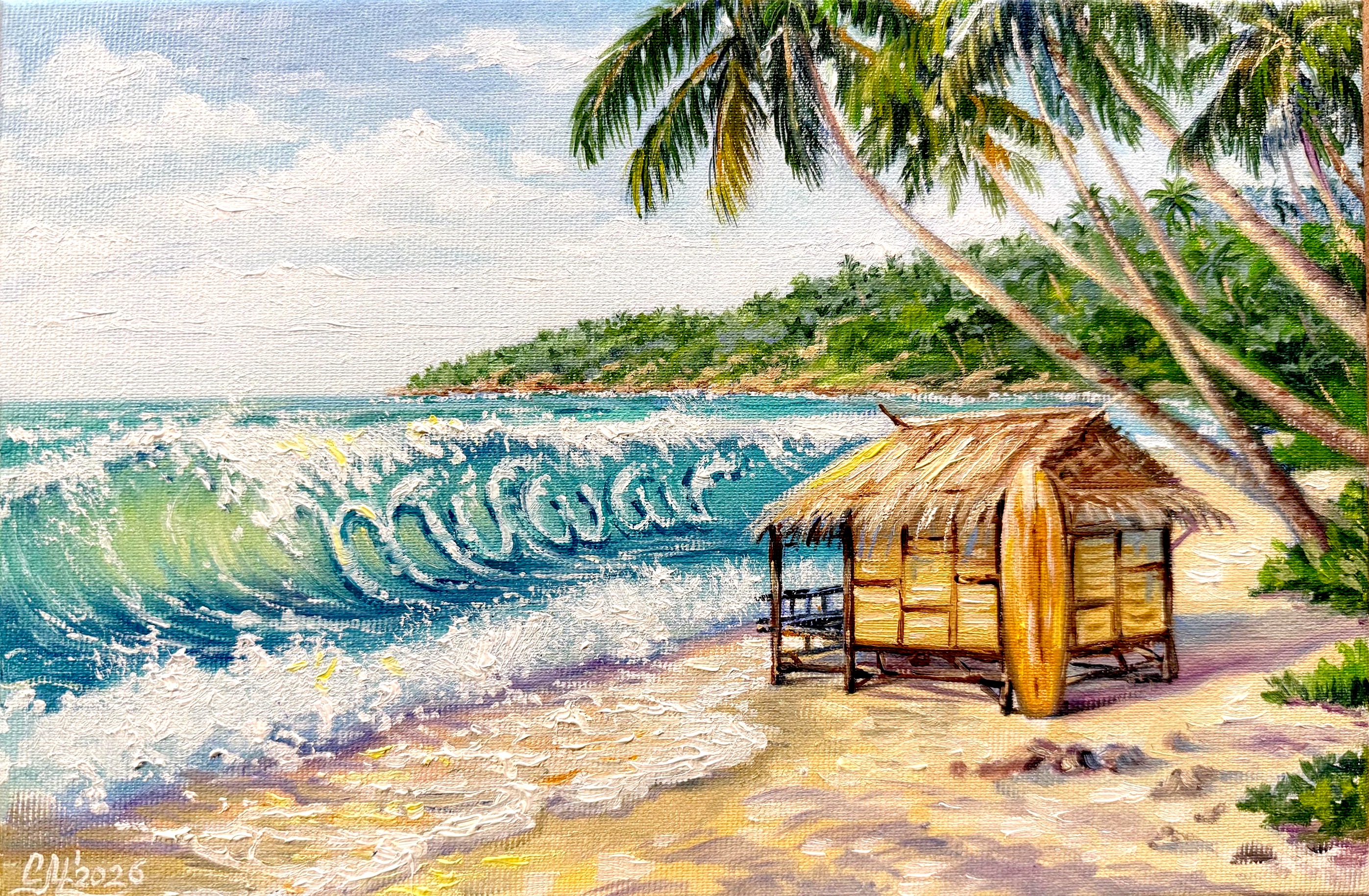 Oil painting of a tropical beach: a breaking turquoise wave, a thatched bamboo hut with a surfboard leaning against it, and palms leaning in from the right