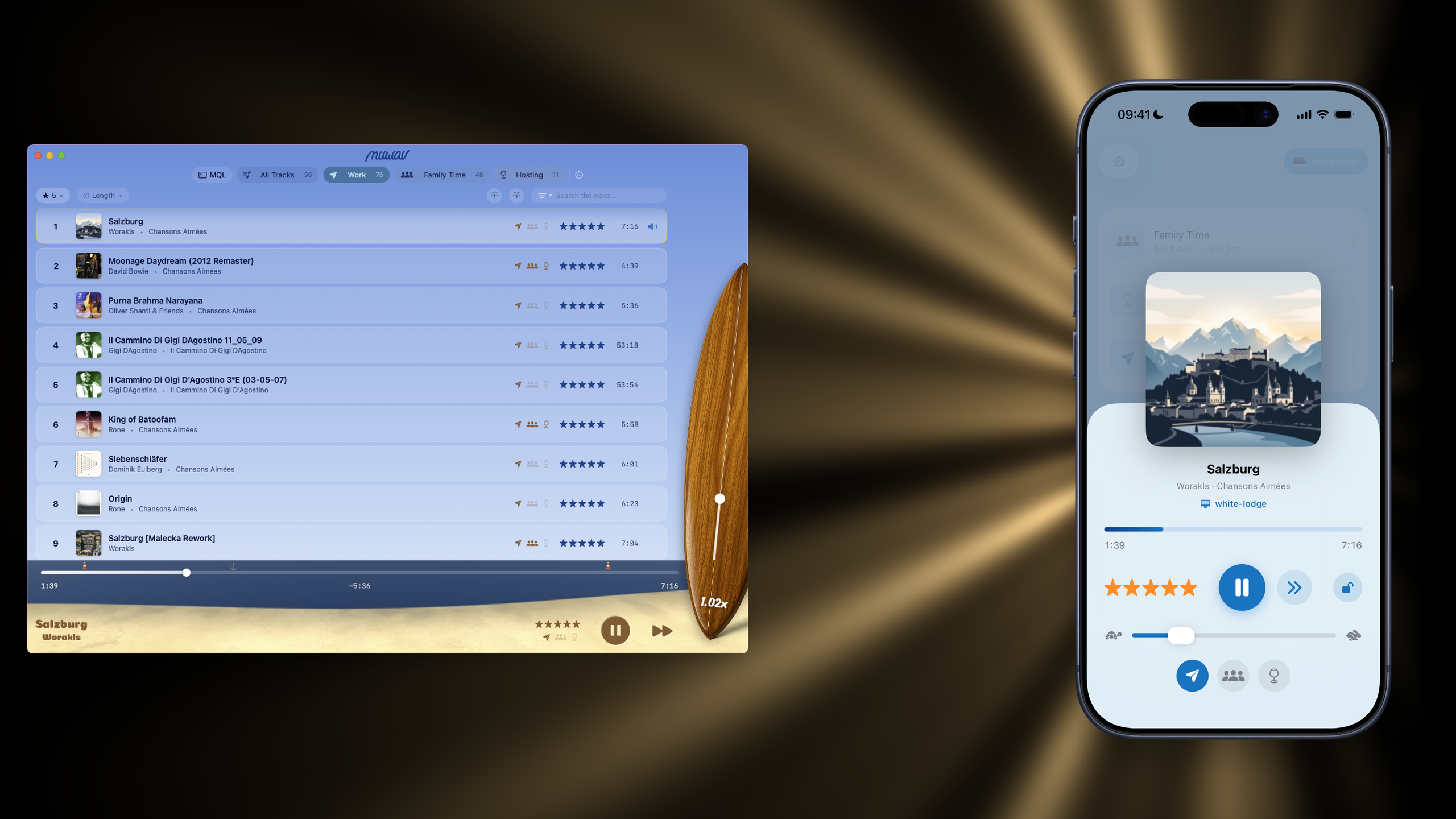 the muwav mac app in sync with the iOS remote with ceccile b. demille lightrays behind the images