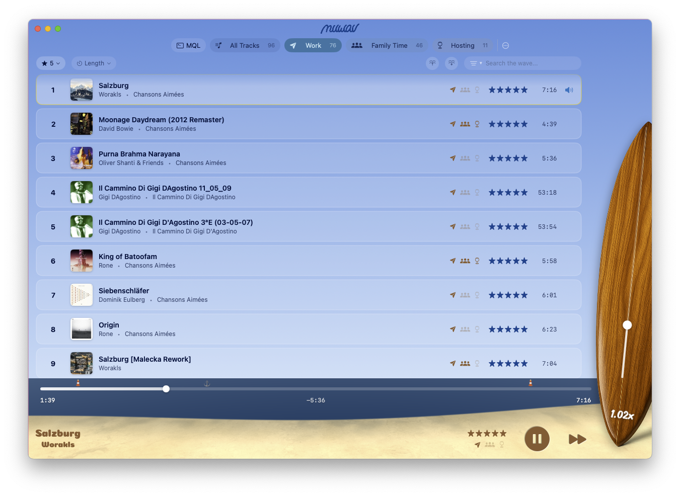 muwav for macOS showing the Now Playing screen